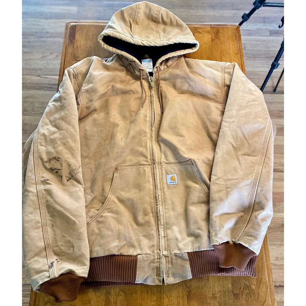 Carhartt DISTRESSED Mens Duck Canvas Active Jacket Tan Brown Hooded Workwear XL